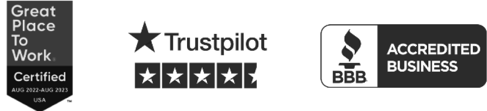 Great Place To Work, Trustpilot and BBB logos
